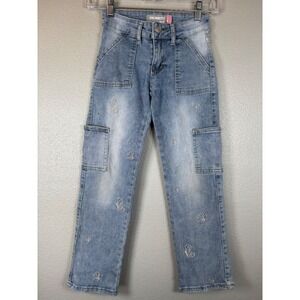 Celebrity Ace Girls Blue Embroidered Butterfly Shell Cargo Straight Jeans Size 8
